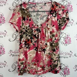 Cleo tshirt pleated detail flowers floral Pink and Black Patterned Blouse